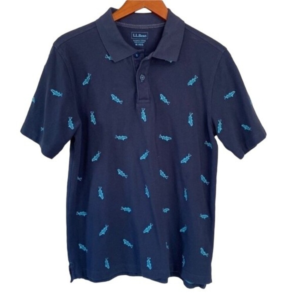 LL Bean Embroidered River Fish Short Sleeve Polo Shirt Cotton Navy Blue Outdoor